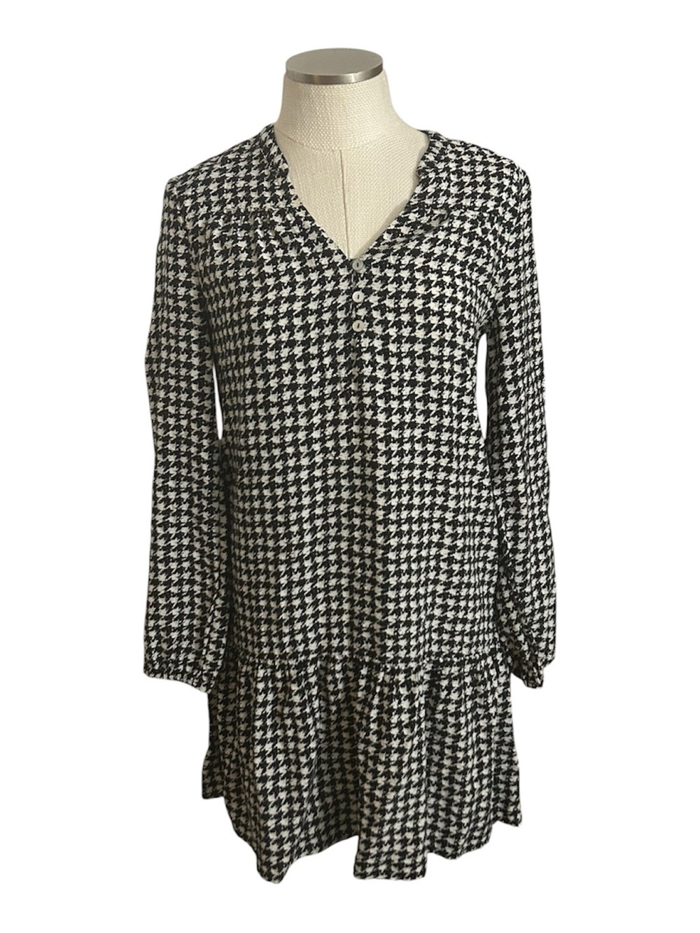Tribal Femme Houndstooth Mini Dress Black White Long Sleeve Shift Swing Dress